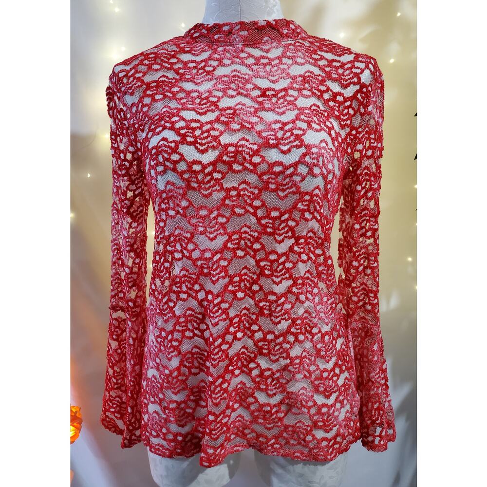 Umgee Retro Vintage Sheer Floral Lace Bell Sleeve Top Womens Size S Keyhole Neck - Picture 1 of 11